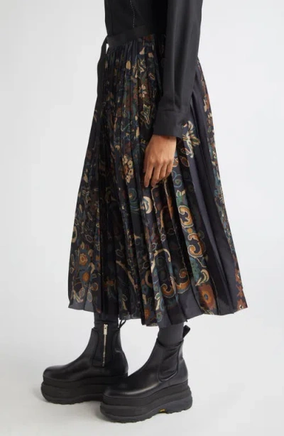Sacai Womens Navy Floral Pleated Woven Midi Skirt In Black