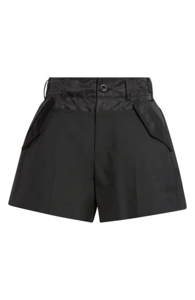 Sacai Front Pleats Wool Blend Shorts In Black
