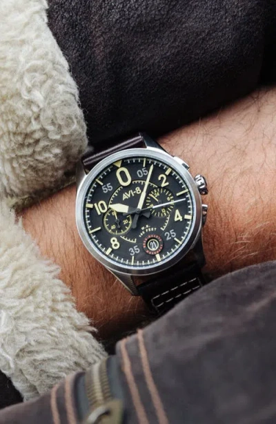 Avi-8 Men's Spitfire Lock Chronograph Brown Leather Strap Watch, 42mm In Black