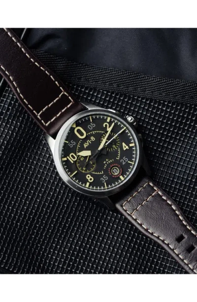 Avi-8 Men's Spitfire Lock Chronograph Brown Leather Strap Watch, 42mm In Black