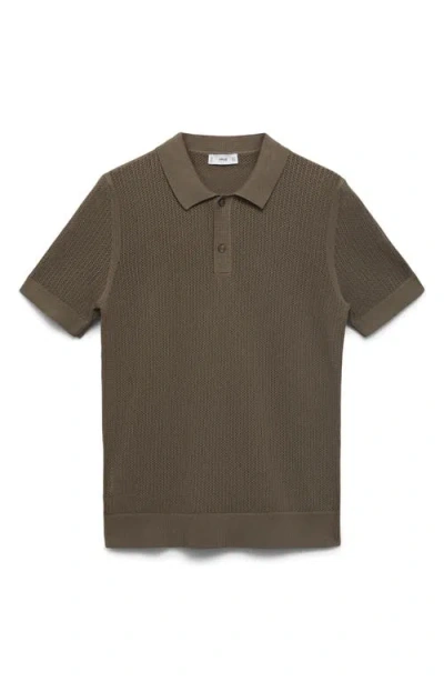 Mango Openwork Knit Cotton Polo In Green