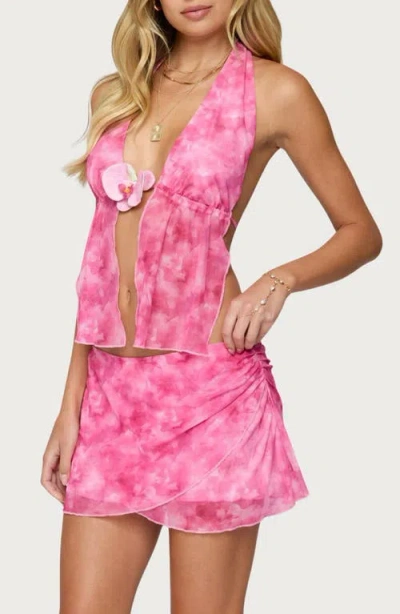 Edikted Tie Dye Halter Split Front Mesh Camisole In Pink