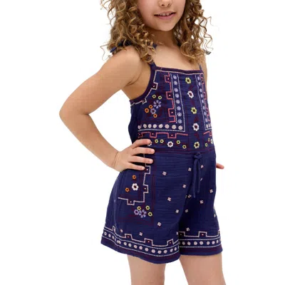 Raffya Kids Sailor Necktie All Over Embroidered Romper In Navy