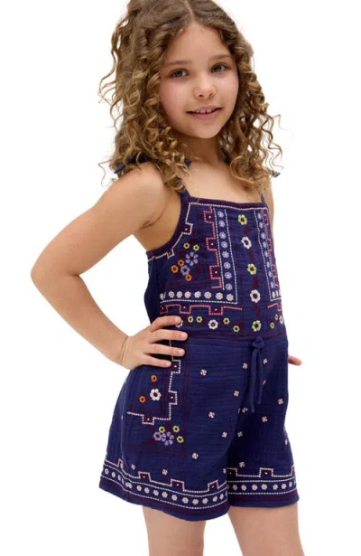 Raffya Kids Sailor Necktie All Over Embroidered Romper In Navy