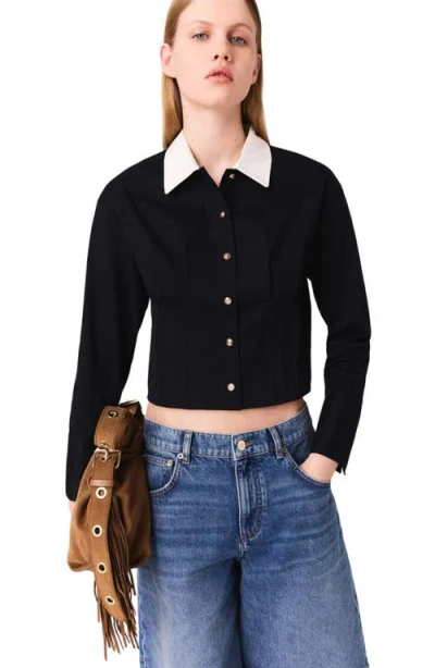 Maje Stretch-cotton Cropped Shirt In Black