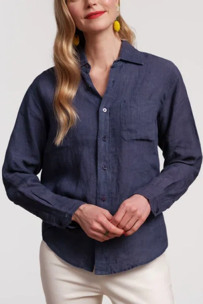 Frances Valentine Perfect Button Down Linen In Navy In Blue