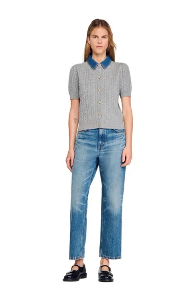 Sandro Womens Grey Denim-collar Short-sleeve Wool And Cashmere-blend Cardigan In Gray