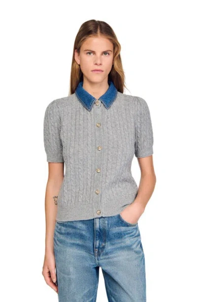 Sandro Womens Grey Denim-collar Short-sleeve Wool And Cashmere-blend Cardigan In Gray