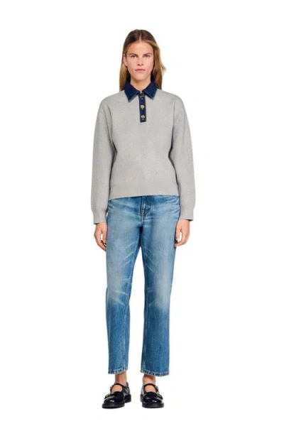 Sandro Womens Grey Denim Button-down Polo-collar Knitted Jumper In Gray