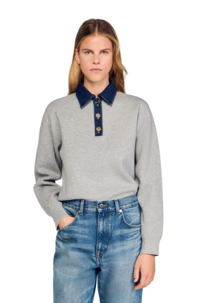 Sandro Womens Grey Denim Button-down Polo-collar Knitted Jumper In Gray