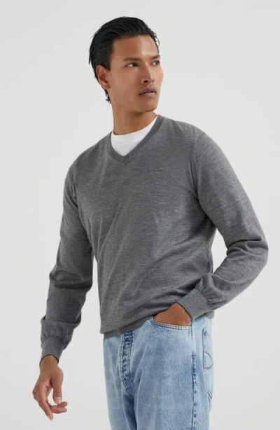 Brunello Cucinelli V-neck Wool Jumper In Gray