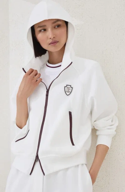 Brunello Cucinelli White Sweatshirt With Fixed Hood And Logo Patch On The Front In Cotton Blend Woman In White