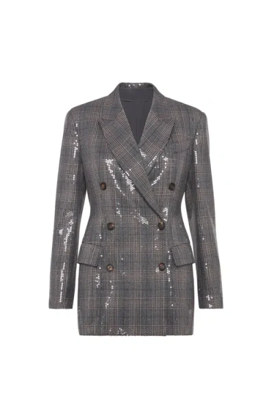 Brunello Cucinelli Glam Check Sequined Double-breasted Blazer In Gray