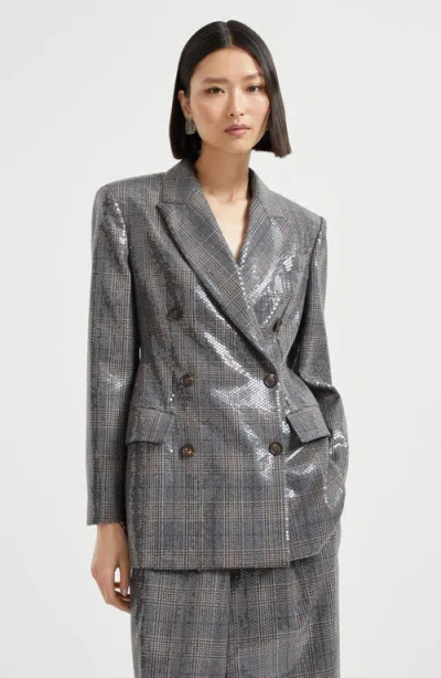 Brunello Cucinelli Glam Check Sequined Double-breasted Blazer In Gray