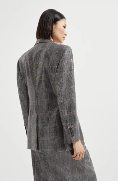 Brunello Cucinelli Glam Check Sequined Double-breasted Blazer In Gray