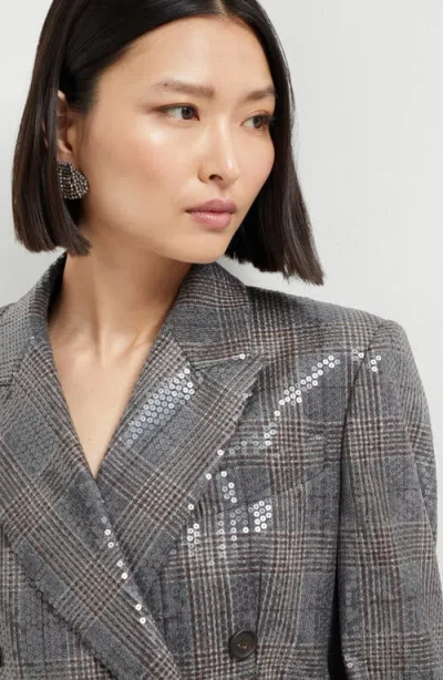 Brunello Cucinelli Glam Check Sequined Double-breasted Blazer In Gray