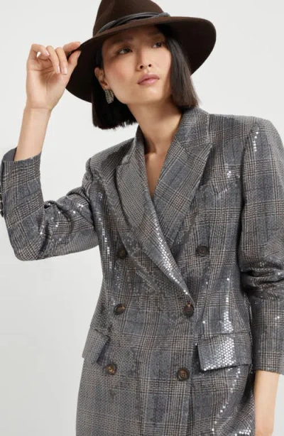 Brunello Cucinelli Glam Check Sequined Double-breasted Blazer In Gray