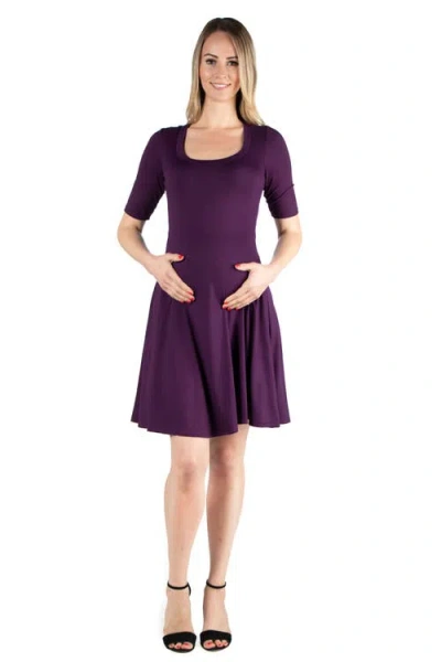24seven Comfort Apparel Knee Length A Line Elbow Sleeve Maternity Dress In Purple