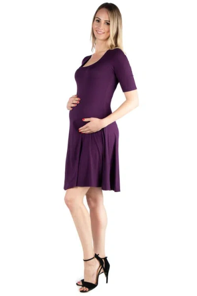 24seven Comfort Apparel Knee Length A Line Elbow Sleeve Maternity Dress In Purple