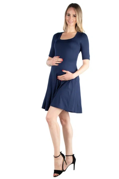 24seven Comfort Apparel Knee Length A Line Elbow Sleeve Maternity Dress In Blue