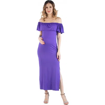 24seven Comfort Apparel Off Shoulder Ruffle Detail Maternity Maxi Dress In Purple