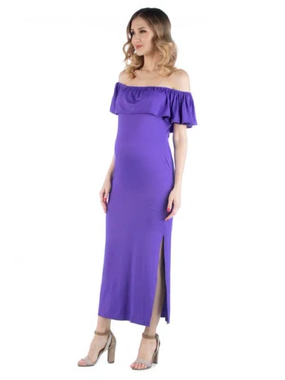 24seven Comfort Apparel Off Shoulder Ruffle Detail Maternity Maxi Dress In Purple