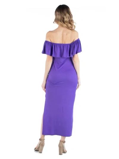 24seven Comfort Apparel Off Shoulder Ruffle Detail Maternity Maxi Dress In Purple