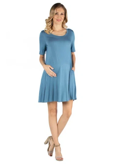 24seven Comfort Apparel Soft Flare T-shirt Maternity Dress With Pocket Detail In Blue