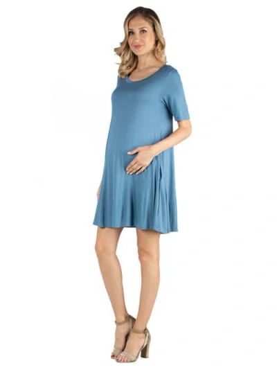 24seven Comfort Apparel Soft Flare T-shirt Maternity Dress With Pocket Detail In Blue
