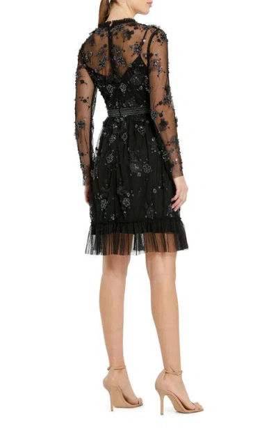 Mac Duggal 9140 Short Cocktail Long Sleeve Beaded Mini Dress In Black