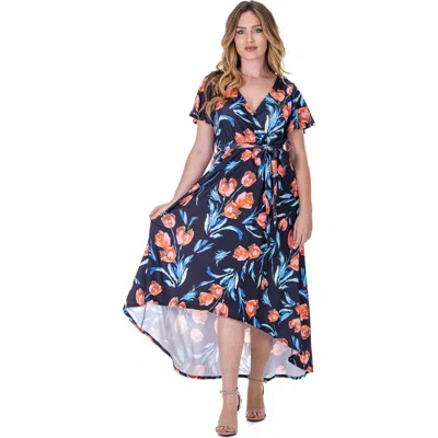 24seven Comfort Apparel Print V Neck Belted High Low Faux Wrap Dress In Blue