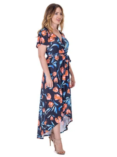 24seven Comfort Apparel Print V Neck Belted High Low Faux Wrap Dress In Blue