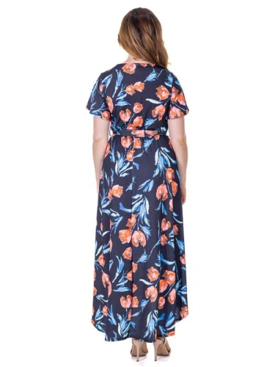 24seven Comfort Apparel Print V Neck Belted High Low Faux Wrap Dress In Blue