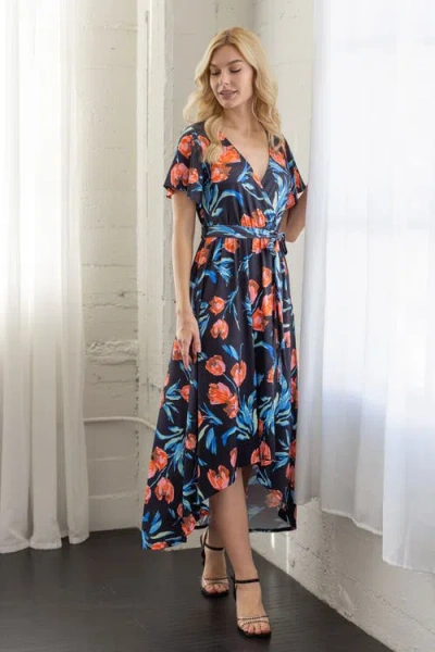 24seven Comfort Apparel Print V Neck Belted High Low Faux Wrap Dress In Blue