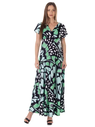24seven Comfort Apparel Print V Neck Empire Waist Kimono Cap Sleeve Maxi Dress In Multi