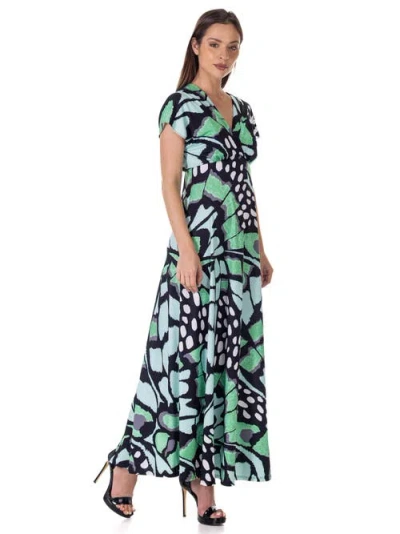 24seven Comfort Apparel Print V Neck Empire Waist Kimono Cap Sleeve Maxi Dress In Multi