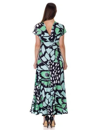 24seven Comfort Apparel Print V Neck Empire Waist Kimono Cap Sleeve Maxi Dress In Multi