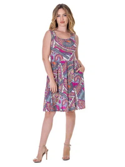 24seven Comfort Apparel Print Sleeveless Pleated Knee Length Pocket Dress In Multi