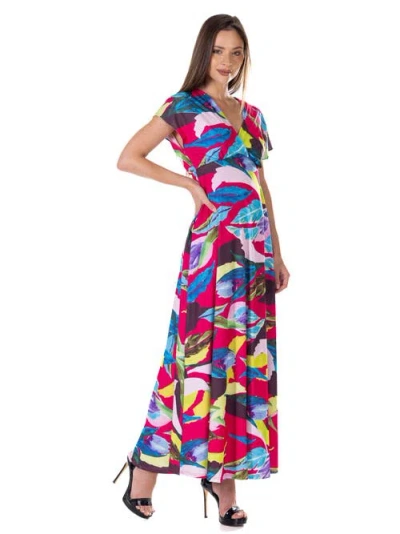 24seven Comfort Apparel Print V Neck Empire Waist Kimono Cap Sleeve Maxi Dress In Multi
