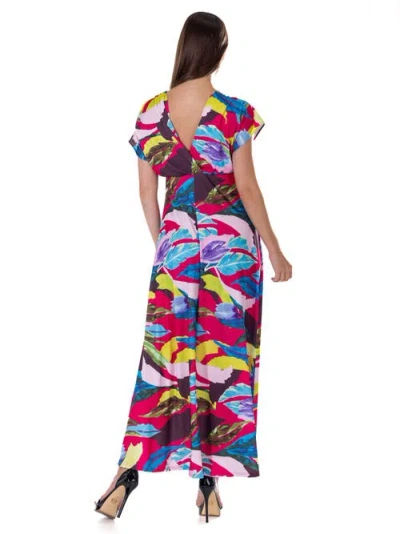 24seven Comfort Apparel Print V Neck Empire Waist Kimono Cap Sleeve Maxi Dress In Multi