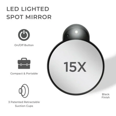 Zadro Lighted Compact Mirror With 15x Magnification & Retractable Suction Cups In Black