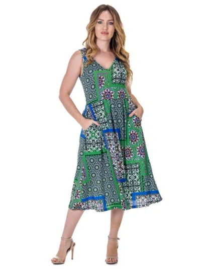 24seven Comfort Apparel Print Sleeveless Pleated Pocket Midi Dress In Multi