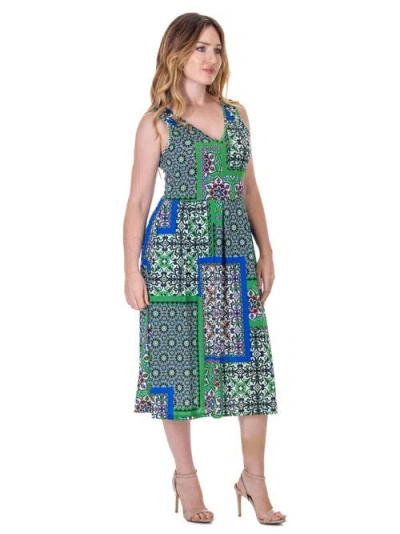 24seven Comfort Apparel Print Sleeveless Pleated Pocket Midi Dress In Multi