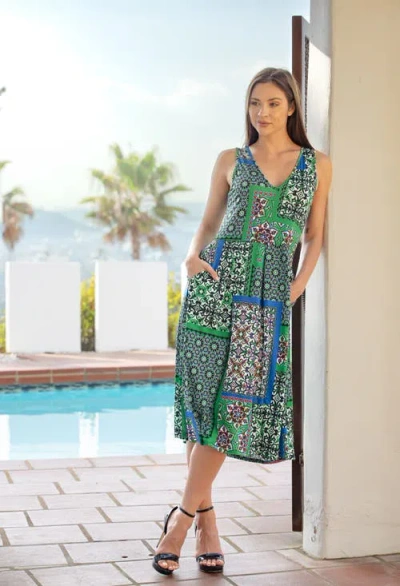 24seven Comfort Apparel Print Sleeveless Pleated Pocket Midi Dress In Multi