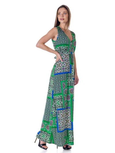 24seven Comfort Apparel Green V Neck Empire Waist Sleeveless Maxi Dress In Green