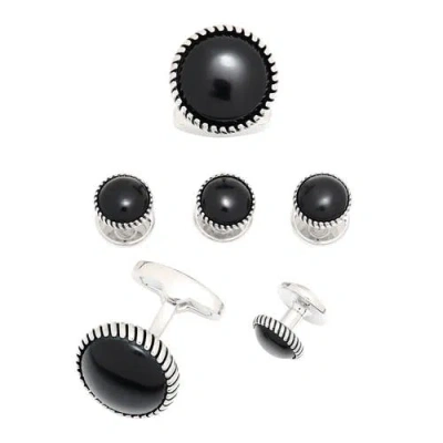 Link Up Classic Round Gemstone Cufflinks And Tuxedo Studs With Textured Border In Metallic