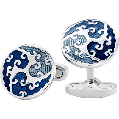 Link Up Round Cufflinks With Blue Enamel Wave Overlay In Metallic