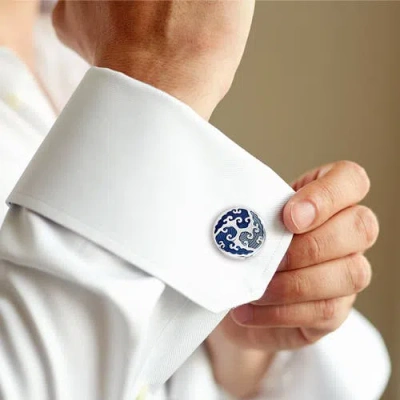 Link Up Round Cufflinks With Blue Enamel Wave Overlay In Metallic