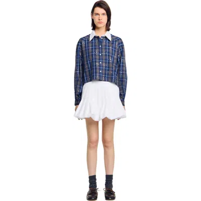 Sandro Womens Blue Rhinestone-embellished Relaxed-fit Checked Cotton Shirt