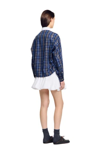 Sandro Womens Blue Rhinestone-embellished Relaxed-fit Checked Cotton Shirt